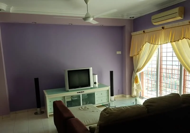 Living features: purple painted walls, white ceiling with crown moulding, 5-blade ceiling fan, wall-mounted air conditioning unit, TV on white media console, glass coffee table, beige sofa, brown sectional sofa, curtains with yellow valance, floor-to-ceiling windows with grid pattern; style: modern; view: city.