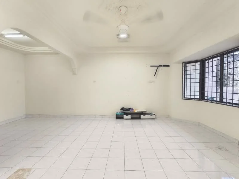 Living features: white painted walls, white ceiling with crown moulding, ceiling fan, large windows with black grills, white tiled flooring, wall-mounted TV bracket, open layout, no visible furniture.