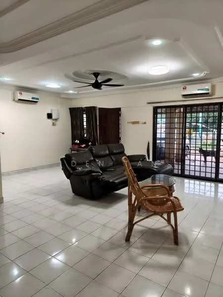 Living features: black leather sofa, glass coffee table, wall-mounted split AC, ceiling fan with light, white painted walls, glossy tile flooring, recessed ceiling lights, sliding glass door, blackout curtains, wooden door, grille window; style: modern; view: garden.