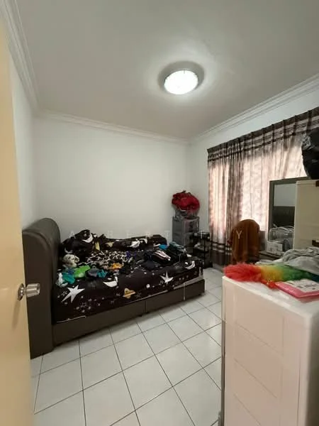 Bedroom features: queen-size bed with dark bedding, white painted walls, tile flooring, curtains with a striped pattern, built-in wardrobe, dressing table with mirror, ceiling light fixture, decorative items on the bed.
