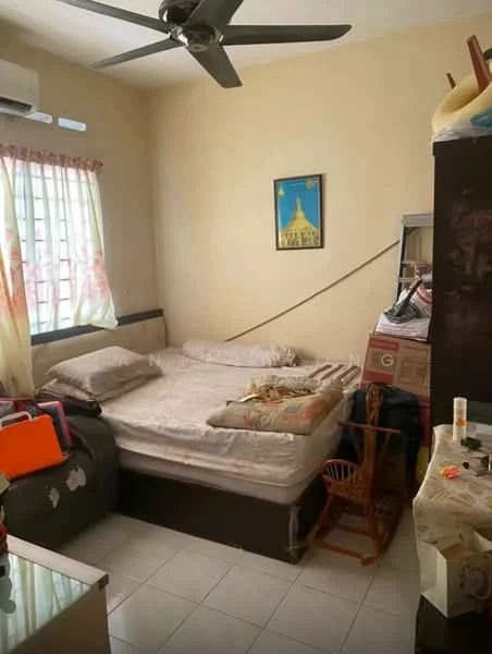 Bedroom features: queen-size bed, upholstered headboard, 2 pillows, bed linens, wooden bedside table, wall-mounted air conditioning unit, ceiling fan, window with sheer curtains, framed artwork on wall, white painted walls, tile flooring, clothes storage unit, decorative items on surfaces.