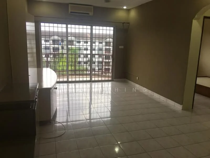 Living features: white painted walls, cream accent wall, glossy ceramic tile flooring, floor-to-ceiling windows, sliding glass door, air conditioning unit, recessed downlights, open layout, built-in cabinetry, natural light from windows; style: modern; view: garden.