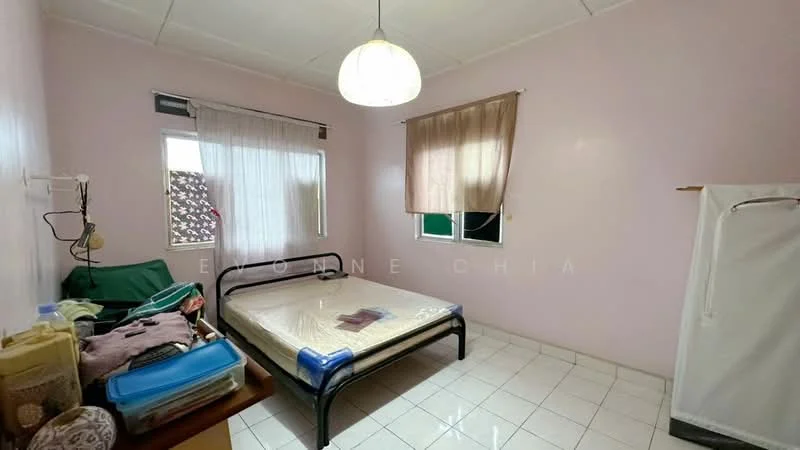 Bedroom features: pink painted walls, white tiled flooring, single bed frame, window with sheer curtains, window with blackout curtains, hanging pendant light, built-in wardrobe, decorative wall art.