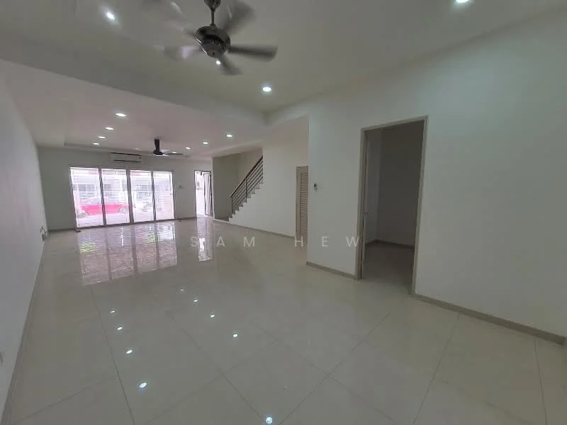 Living features: white painted walls, glossy ceramic tile flooring, recessed downlights, 5-blade ceiling fan, sliding glass door, floor-to-ceiling windows, open layout, staircase visible in background; style: modern.
