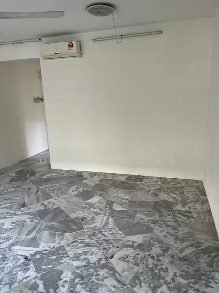 Room features: grey marble flooring, white painted walls, 1 wall-mounted split AC, ceiling light, no visible furniture or decor.