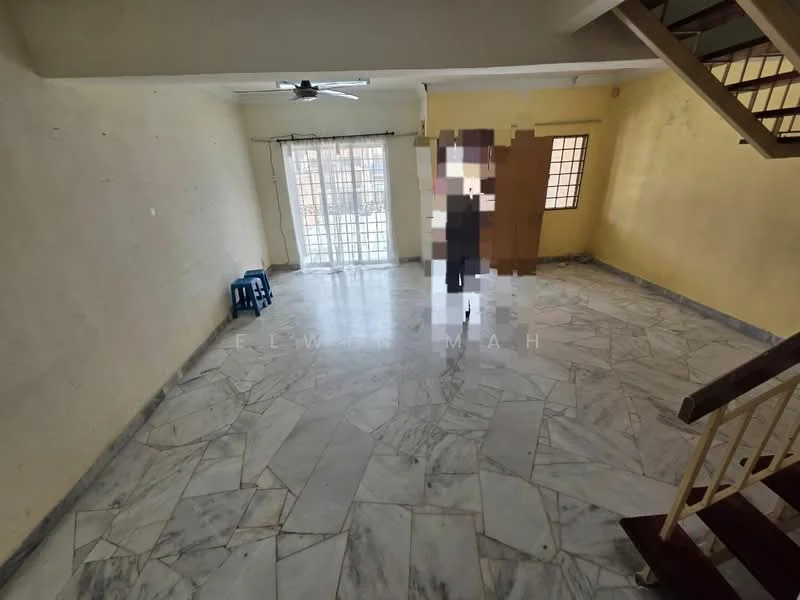 Living features: marble flooring, white painted walls, ceiling fan, sliding glass door, floor-to-ceiling windows, natural light, staircase, open layout.
