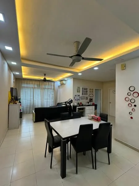Living features: 5-blade ceiling fan with light, recessed LED downlights, cream painted walls, white tiled flooring, black fabric sofa, dining table with 6 black chairs, TV console, decorative wall art, large window with sheer curtains, open layout, wall-mounted TV; style: modern.