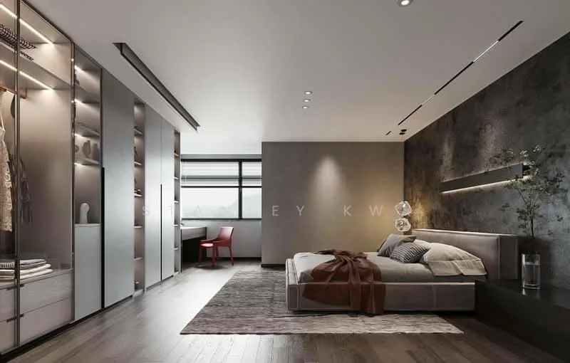 Bedroom features: king-size bed, upholstered headboard, bedside lamps, built-in wardrobe with glass doors, study desk, chair, area rug with geometric pattern, wooden flooring, recessed downlights, decorative wall with textured finish, floor-to-ceiling windows, curtains; style: modern; view: city.