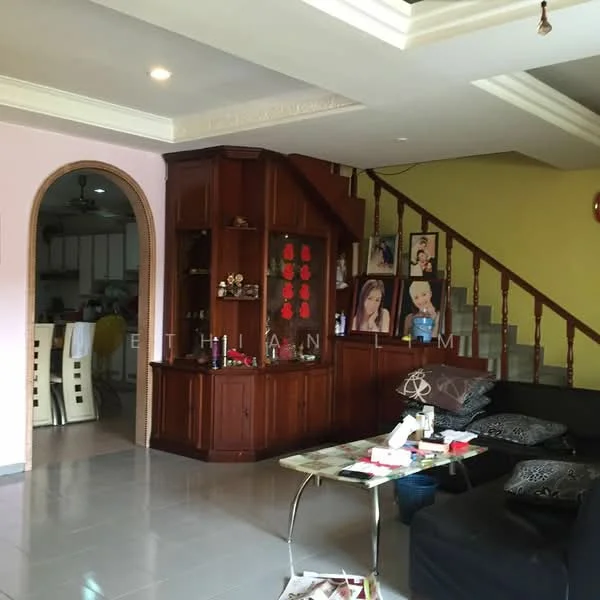 Living features: black fabric sofa, glass coffee table, decorative wall with wooden paneling, pink painted wall, green painted wall, staircase with wooden railing, framed artwork on wall, recessed ceiling lights, tile flooring, wall-mounted decor items; style: modern.