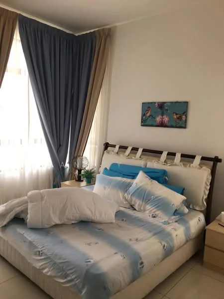 Bedroom features: queen-size bed with blue and white striped bedding, upholstered headboard, two bedside tables, decorative wall art, floor-to-ceiling windows with sheer curtains, blue and beige drapes, light-colored tiled flooring, decorative plant on bedside table; style: modern.
