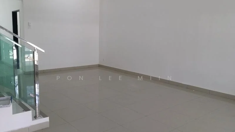 Room features: white painted walls, glossy ceramic tile flooring, large open space, glass railing, neutral color scheme, natural light from windows, minimalist design, no visible furniture; style: modern.
