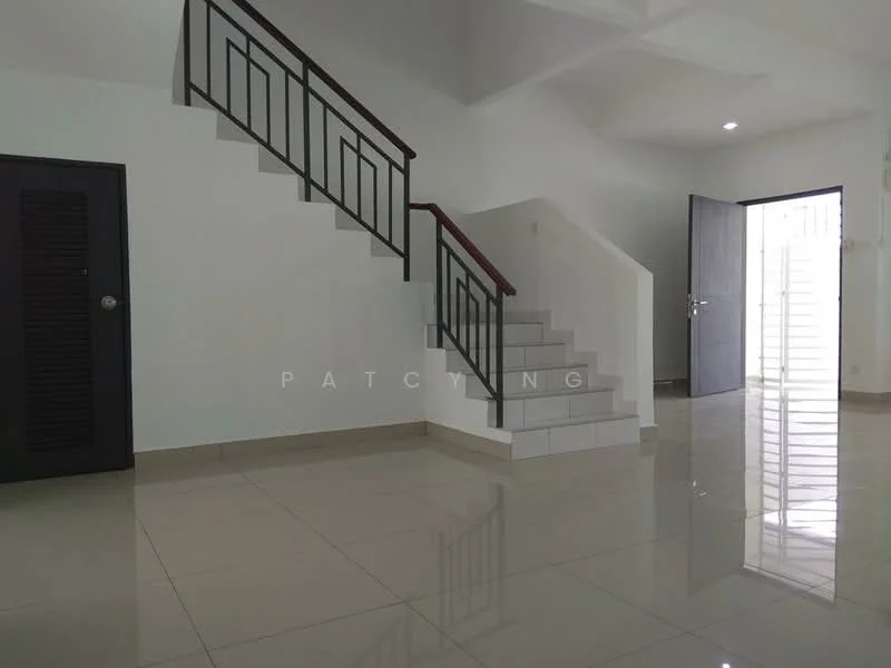 Room features: white painted walls, glossy tile flooring, staircase with metal railing, open layout, natural light from windows, high ceiling, doorway leading outside, corner wall with no visible features; style: modern.