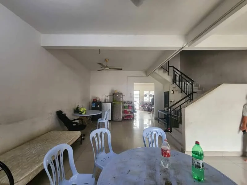 Room features: white painted walls, tiled flooring, ceiling fan, dining table with chairs, sofa, refrigerator, staircase, open layout, natural light from windows; style: minimalist.