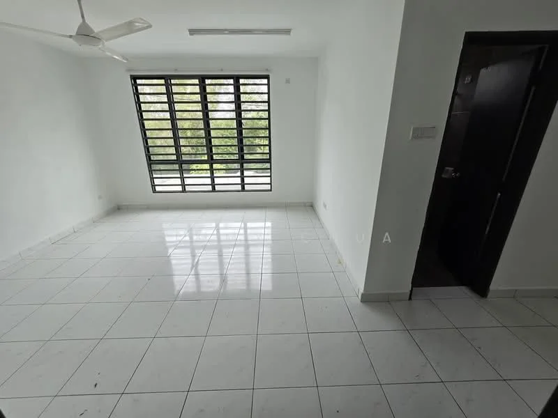 Room features: white painted walls, white tiled flooring, 5-blade ceiling fan, floor-to-ceiling windows, black window frames, natural light from windows, door leading to hallway; style: minimalist; view: garden.