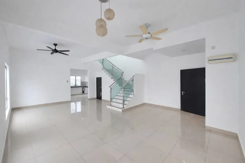 Living features: white painted walls, glossy beige tile flooring, 5-blade ceiling fan with light, 3-blade ceiling fan, large windows, staircase with glass railing, air conditioning unit, black door; style: modern.