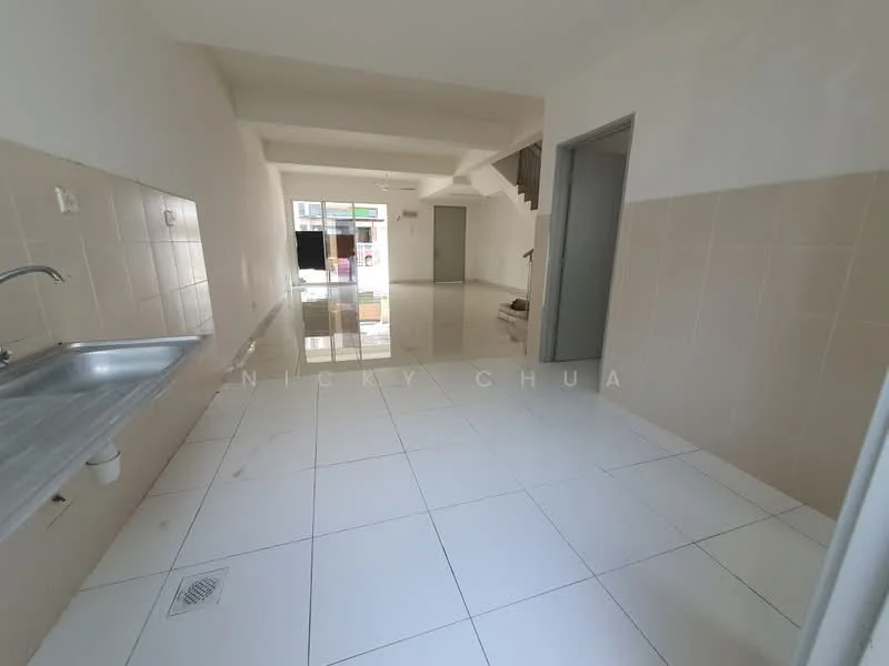 Room features: white painted walls, glossy white tile flooring, stainless-steel sink, single-bowl sink, kitchen cabinetry, staircase visible, doorway leading to another room, large windows for natural light; style: modern.