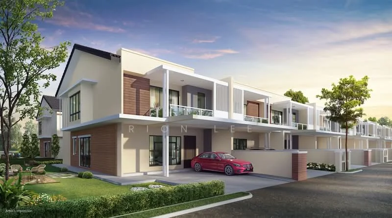 Exterior type: linked terrace house; features: two-storey building, cream painted facade, wood panel accents, recessed balconies, flat roof, manicured lawn, landscaped garden, driveway with interlocking pavers, car porch, surrounded by greenery, modern architectural style; style: modern.