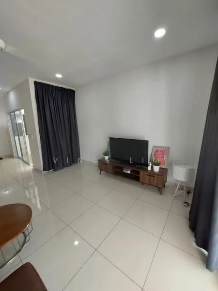 Living features: white painted walls, glossy ceramic tile flooring, recessed downlights, floor-to-ceiling curtains in dark grey, wooden TV console, wall-mounted TV, decorative plant on console, side table with lamp; style: modern.