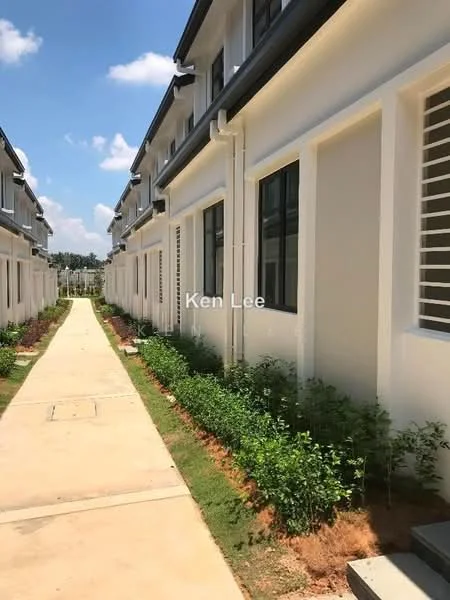 Exterior type: linked terrace house; features: white painted facade, 2-storey building, sliding windows, manicured landscaping, paved walkway, green shrubs along pathway; style: modern.