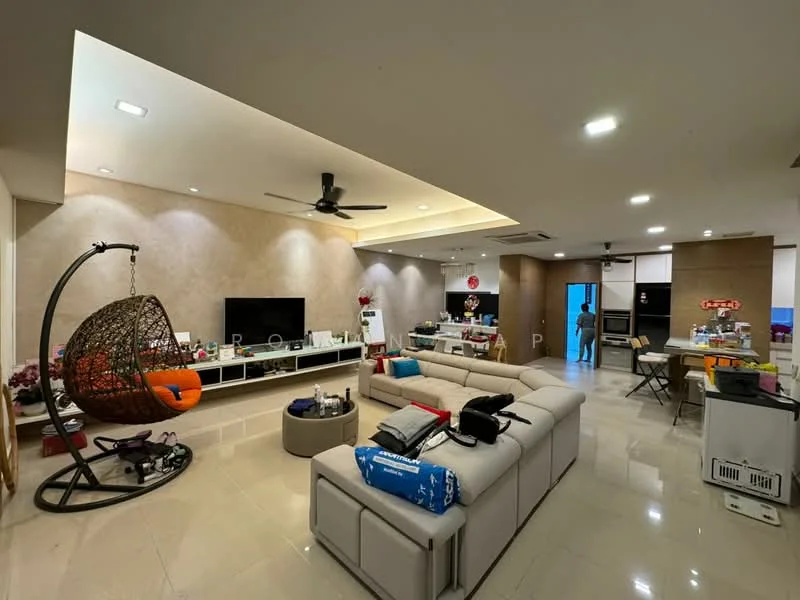 Living features: 3-seater fabric sofa in beige, hanging rattan chair with orange cushion, wall-mounted TV, TV console with storage, recessed ceiling lights, tray ceiling, marble flooring, decorative wall with light beige finish, open shelving unit, decorative plants, coffee table, area rug, ceiling fan; style: modern.