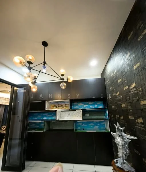 Room features: black cabinetry, open shelving, decorative display with fish tank, chandelier with multiple bulbs, white ceiling, grey accent wall with textured pattern, white tiled flooring, decorative sculpture; style: modern.