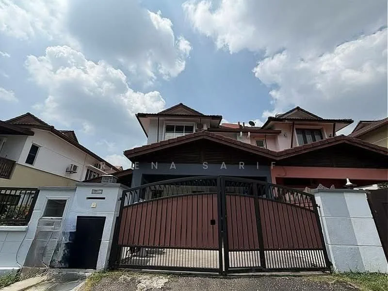 Exterior type: detached bungalow; features: gated entrance, two-storey building, red tiled roof, white painted facade, balconies on upper floor, manicured lawn, driveway, surrounded by greenery; style: modern.