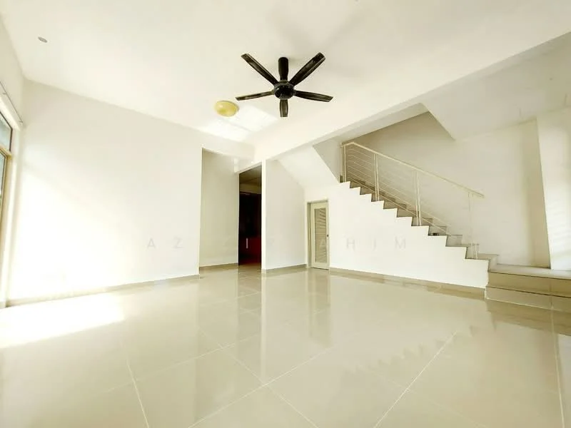 Living features: white painted walls, polished ceramic tile flooring, 5-blade ceiling fan with light, large windows allowing natural light, staircase leading to upper floor, open layout, no visible furniture, neutral color scheme; style: modern.
