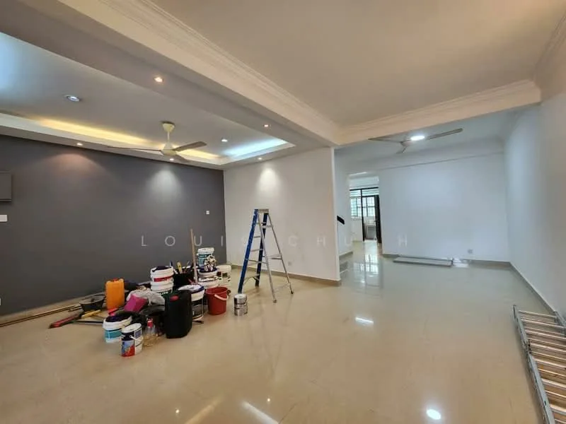 Living features: cream painted walls, grey accent wall, recessed downlights, ceiling rose, 5-blade ceiling fan, marble flooring, ladder, paint cans, decorative moulding, open layout; style: modern.