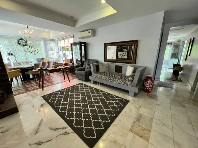 Living features: marble flooring, grey fabric sofa, decorative cushions, coffee table, area rug with geometric pattern, chandelier, wall-mounted mirror, wall art, floor-to-ceiling windows with sheer curtains, air conditioning unit; style: modern. Hallway features: marble flooring, decorative wall, console table, framed artwork; style: modern.
