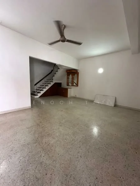 Living features: polished concrete flooring, white painted walls, 5-blade ceiling fan, staircase with white railing, built-in wooden cabinet, natural light from window, open layout, no visible decor; style: minimalist.
