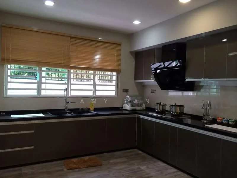 Kitchen features: black granite countertop, dark wood cabinetry, stainless-steel sink, chrome pull-down faucet, built-in oven, freestanding range oven, microwave, exhaust hood, ceramic tile flooring, blinds on windows, multiple windows for natural light, kitchen island, decorative items on countertop; style: modern.