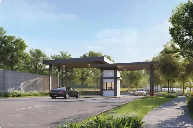 Exterior type: main entrance gate; features: guard house at entrance, two-car lane for entry, landscaped greenery on both sides, paved driveway, security boom gate, surrounding stone wall, modern architectural design, canopy over guard house; style: modern.