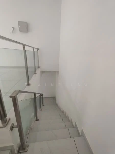 Room features: white painted walls, marble flooring, glass railing, stainless-steel handrail, staircase, natural light from upper level; style: modern.