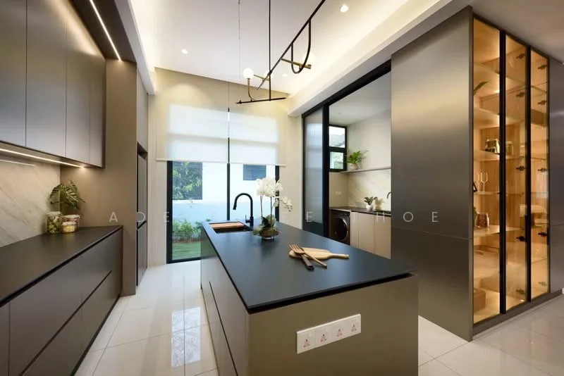 Kitchen features: black countertop, white marble backsplash, grey cabinetry with flat-panel design, island with seating area, built-in oven, stainless-steel sink, chrome pull-down faucet, recessed downlights, pendant light fixture, floor-to-ceiling windows, sliding glass door, open shelving, greenery view, tile flooring; style: modern; view: garden.