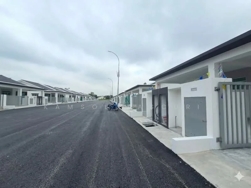 Exterior type: linked terrace house; features: newly constructed houses, paved road, curbside parking, street lighting, fenced perimeter, driveway with interlocking pavers, manicured landscaping, single-storey houses, modern facade, gated entry, sidewalks; style: modern.