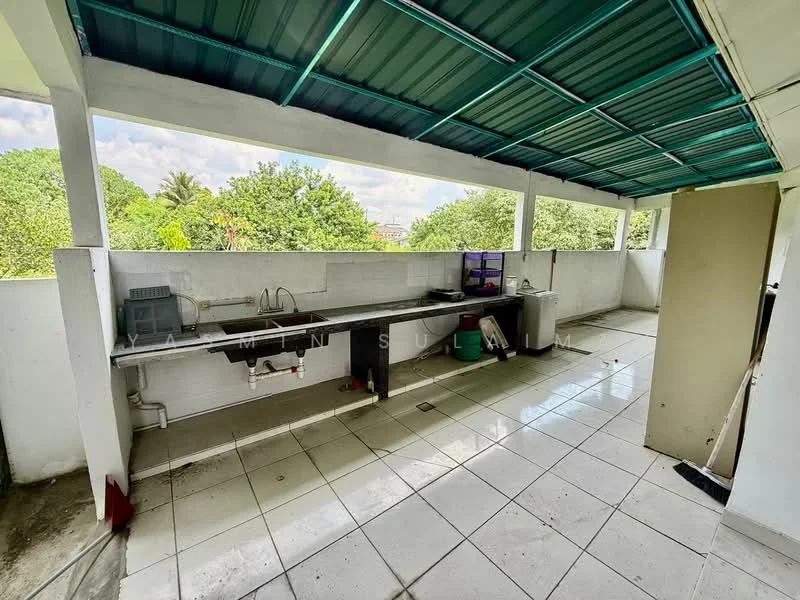 Room features: outdoor kitchen area, long countertop, stainless-steel sink, wall-mounted faucet, tile flooring, green metal roof, open space, surrounded by greenery; view: garden.