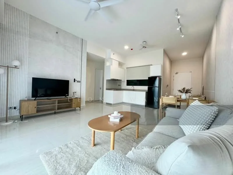 Living features: light grey fabric sofa, wooden coffee table, TV console with storage, wall-mounted TV, white painted walls, recessed downlights, ceiling fan, large windows with natural light, polished ceramic tile flooring, decorative wall paneling; style: modern.