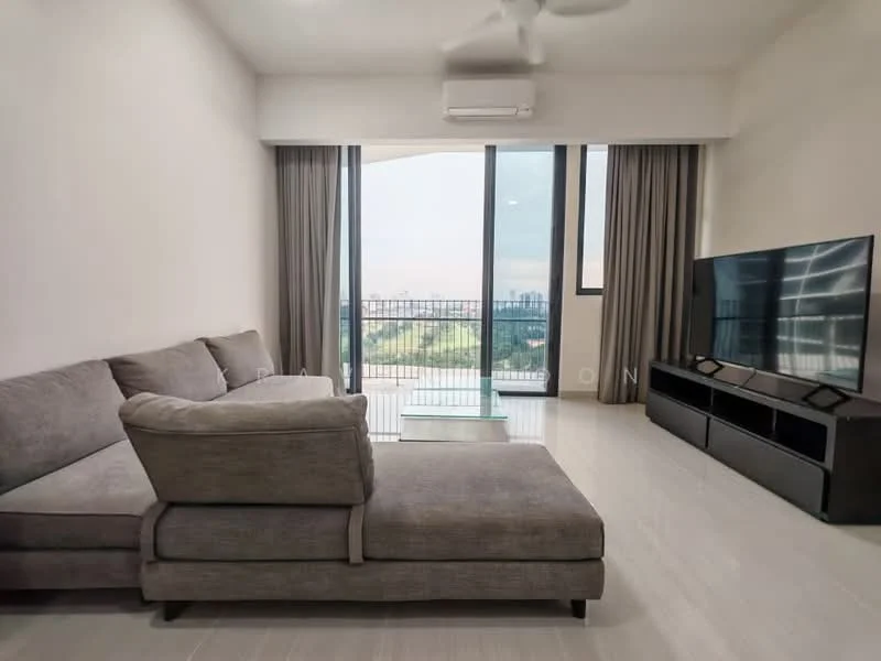 Living features: L-shape sectional sofa in grey fabric, glass coffee table, wall-mounted TV, TV console in dark wood, floor-to-ceiling windows, sheer curtains, light-colored wall, light-colored flooring, ceiling fan, air conditioning unit; style: modern; view: garden.