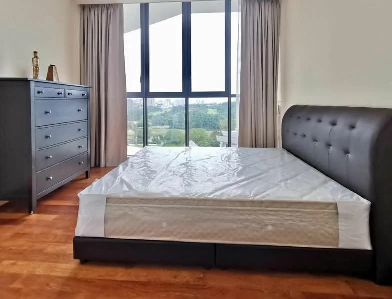 Bedroom features: king-size bed with upholstered headboard, wooden flooring, floor-to-ceiling windows, sheer curtains, black dresser with multiple drawers, decorative vase on dresser, view of greenery, natural light; style: modern; view: garden.