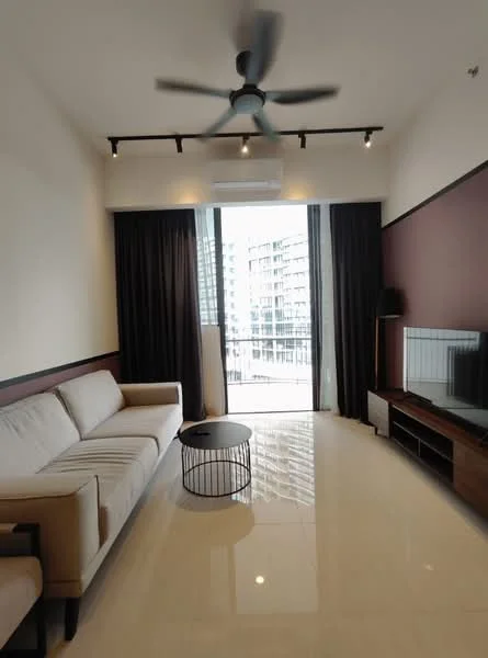 Living features: 3-seater fabric sofa in beige, coffee table, wall-mounted TV, TV console, floor-to-ceiling windows, sliding glass door, blackout curtains, 5-blade ceiling fan with light, recessed downlights, polished tile flooring, cream painted walls, dark accent wall, decorative wall paneling; style: modern; view: city.