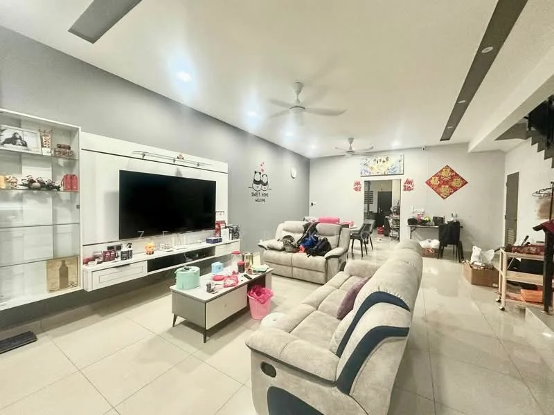 Living features: grey painted walls, white ceiling with recessed downlights, 5-blade ceiling fan with light, large wall-mounted TV, white entertainment unit, light grey fabric 3-seater sofa, light grey fabric 2-seater sofa, coffee table, tile flooring, decorative wall art, open layout to dining area, area rug, decorative items on shelves; style: modern. Dining features: dining table, dining chairs, open layout to living area; style: modern.