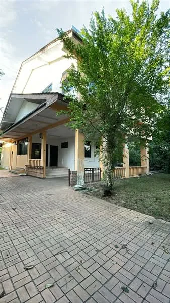 Exterior type: detached bungalow; features: two-storey building, paved walkway, manicured lawn, large tree in front yard, covered porch, balcony on upper floor, large windows, surrounded by greenery; style: traditional.