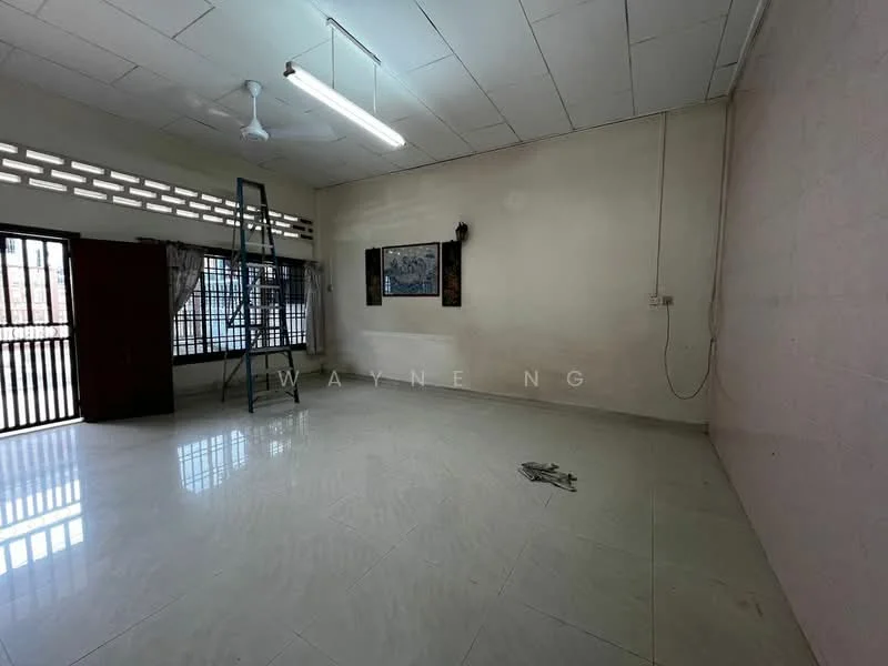 Room features: white painted walls, polished ceramic tile flooring, ceiling fan, fluorescent light fixture, large windows with metal grills, ladder, wall-mounted electrical outlet, decorative wall art; style: minimalist.