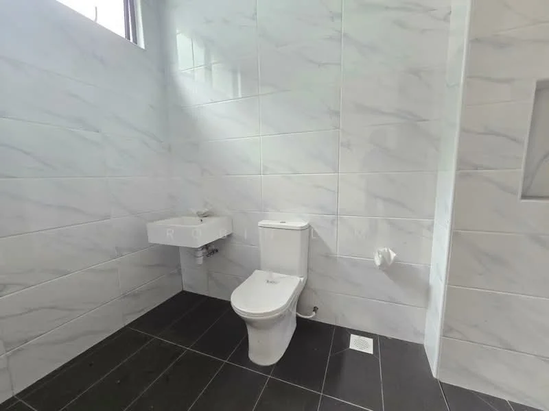Bathroom features: white ceramic toilet, wall-mounted sink, marble tile walls, black ceramic tile flooring, window for natural light, shower area with no visible enclosure, chrome faucet, toilet paper holder, drain in floor; style: modern.