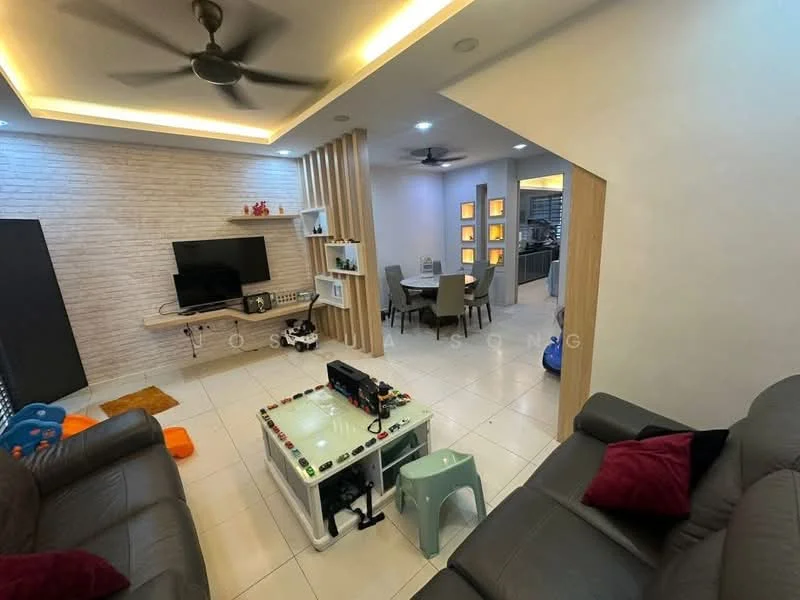 Living features: grey leather sofa, 3-seater sofa, coffee table with decorative items, ceiling fan with light, recessed lighting, wall-mounted TV, light-colored feature wall with stone texture, white tiled flooring, decorative wall shelves, area rug, green stool, orange accent rug; style: modern. Dining features: 4-seater dining table, upholstered dining chairs, wall with decorative lighting, open layout to kitchen, neutral color palette; style: modern.