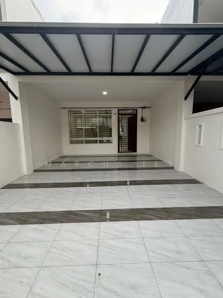 Exterior type: linked terrace house; features: covered car porch, white painted facade, grey tile flooring, horizontal wooden beams, large windows, security grille at entrance, manicured landscaping, interlocking pavers; style: modern.