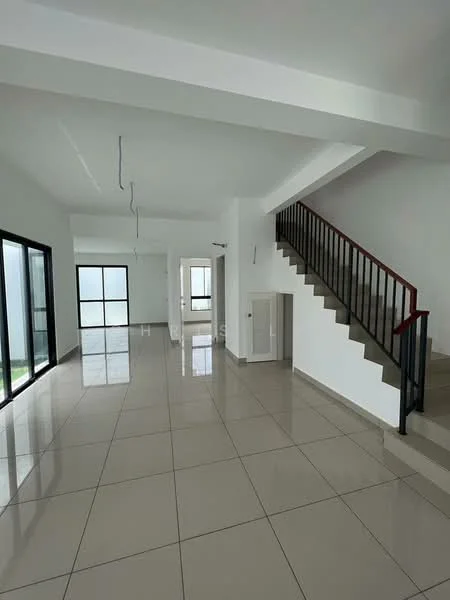 Living features: white painted walls, glossy ceramic tile flooring, large floor-to-ceiling windows, open layout, staircase with metal railing, recessed ceiling lights, neutral color scheme, high ceiling; style: modern; view: garden. Room features: white painted walls, glossy ceramic tile flooring, large floor-to-ceiling windows.