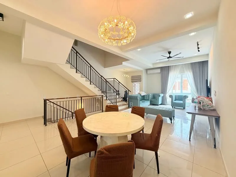 Dining features: round marble dining table, 4 upholstered dining chairs in brown, chandelier with multiple bulbs, white painted walls, tile flooring, recessed downlights; style: modern. Living features: L-shape sectional sofa in teal, coffee table, floor-to-ceiling windows, curtains, ceiling fan with light, wall-mounted TV, light-colored walls, tile flooring; style: modern. Hallway features: staircase with metal railing, white walls, tile flooring, natural light from windows; style: modern.