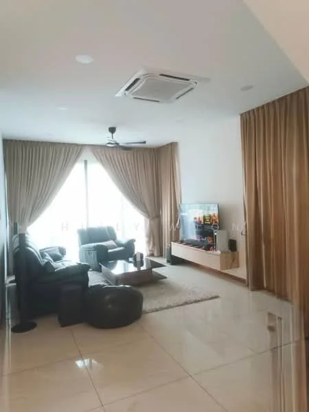 Living features: floor-to-ceiling windows, sheer curtains, 5-blade ceiling fan with light, recessed downlights, 2-seater leather sofa in black, armchair in black leather, coffee table, TV console, wall-mounted TV, area rug, cream painted walls, polished tile flooring; style: modern.