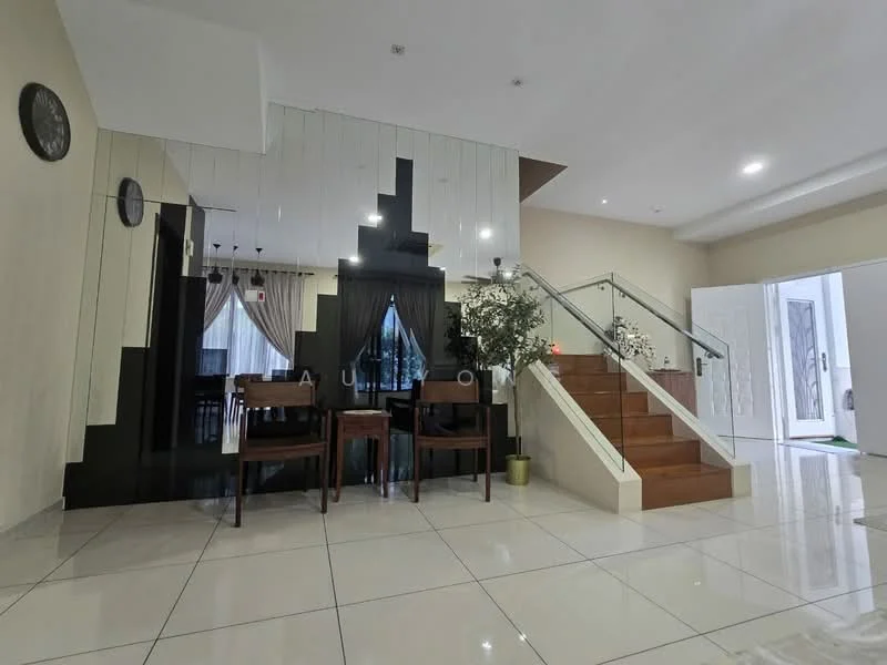 Living features: white painted walls, cream tiled flooring, staircase with wooden steps, glass railing, dining area with wooden chairs, large windows with sheer curtains, decorative plants, wall clock, recessed ceiling lights; style: modern.